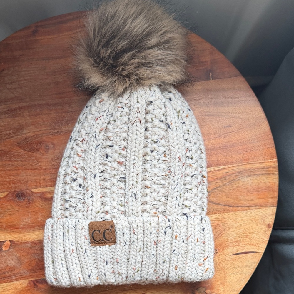 CC Knit Beanie with Faux Fur Pom